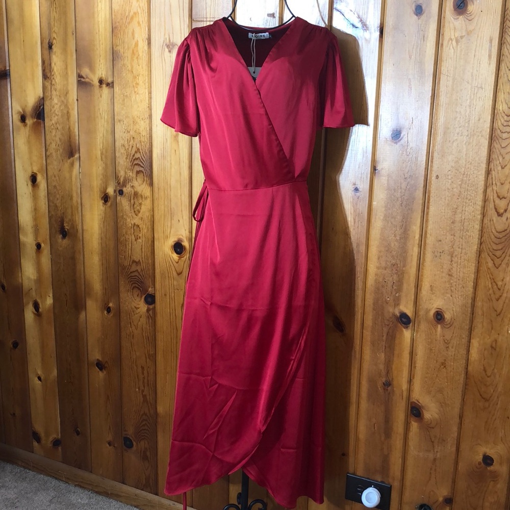 Noire red silk dress cocktail dress New Year’s Eve party fold over dress holiday